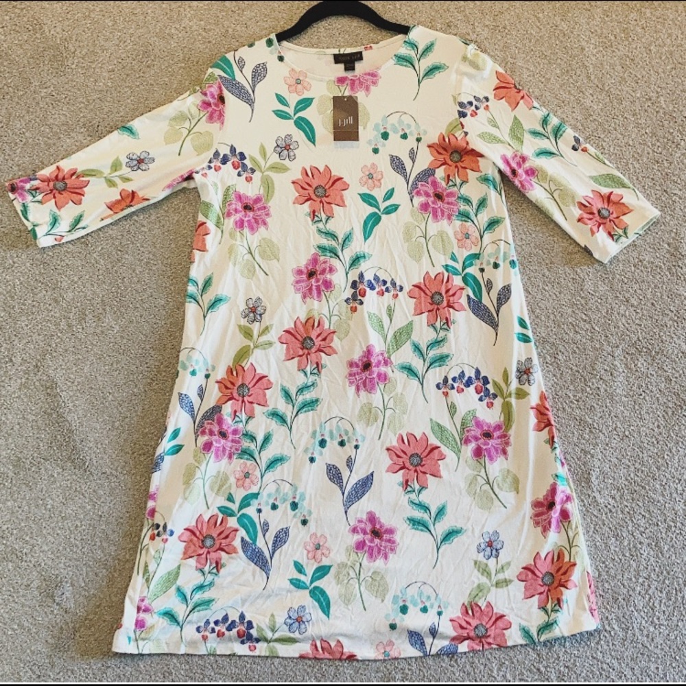 J. Jill White Floral A-Line Dress Ballet Sleeve